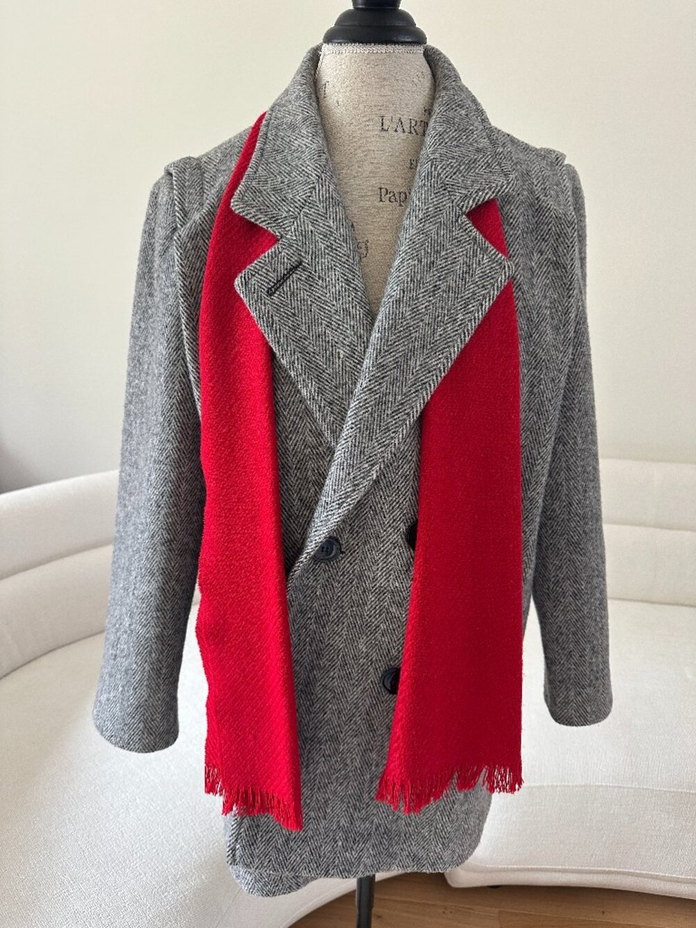 Vintage Herman Kay Petite Wool Herringbone Coat 14P Gray + Red Scarf 80s 90s
